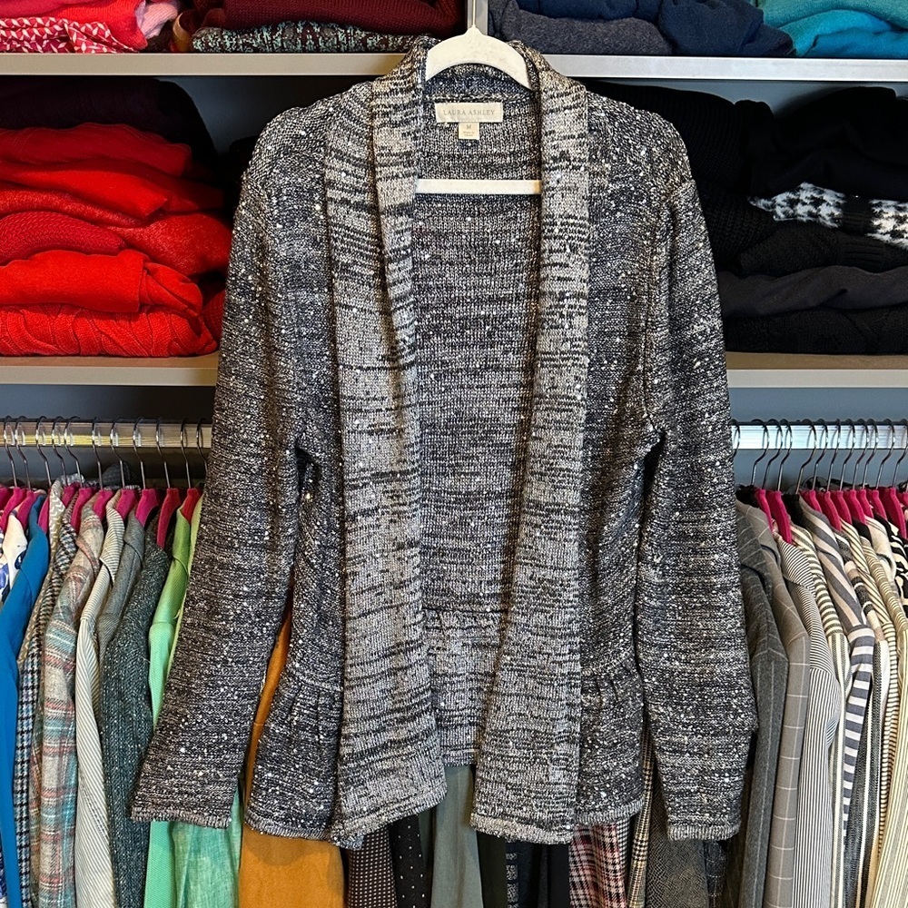 Laura Ashley gray heathered/silver sequin long sleeve open front cardigan size M